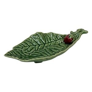 Bordallo Pinheiro Strawberry Leaf Open Candy Dish Majolica Ceramic Portugal RARE